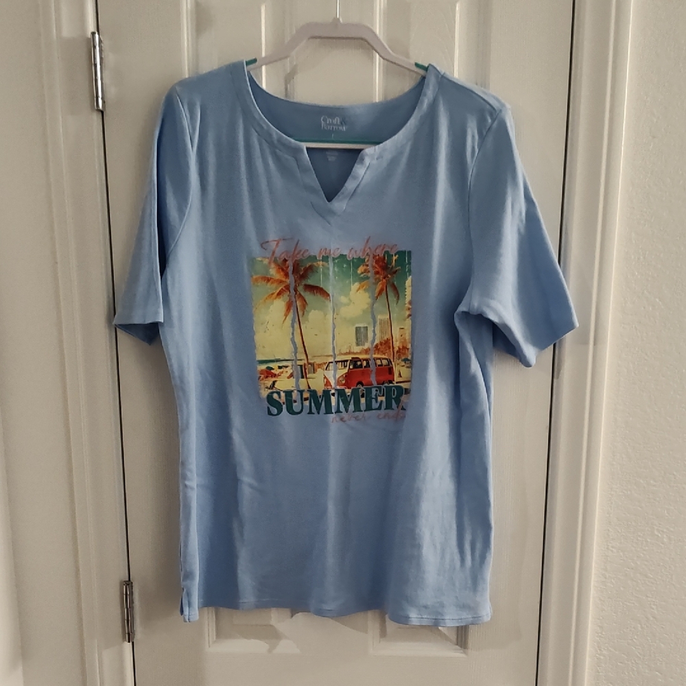 Croft & Barrow Light Blue Cotton T-Shirt Summer Graphic Size Large